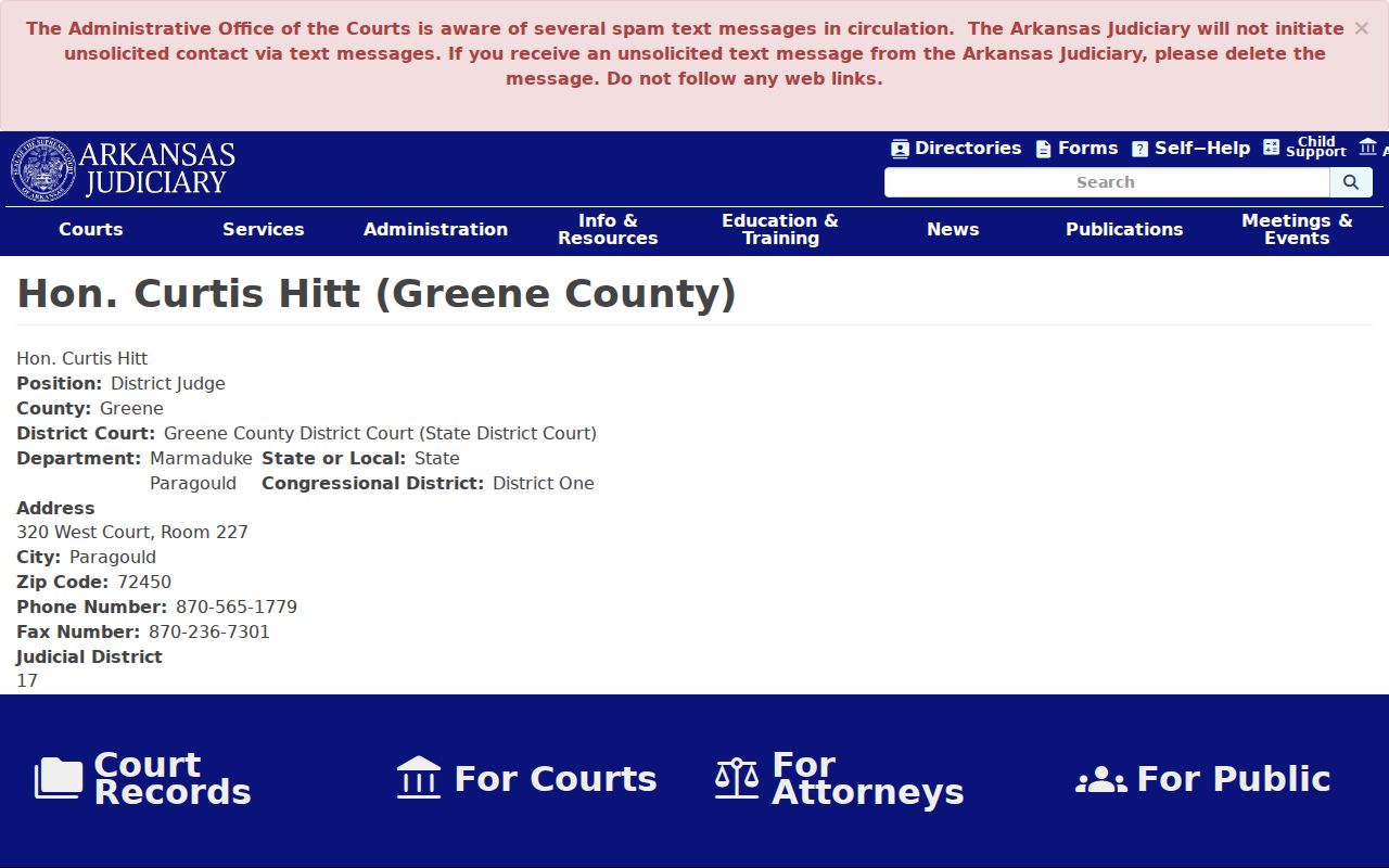 Arkansas Judiciary profile for Greene County District Judge Curtis Hitt and court departments